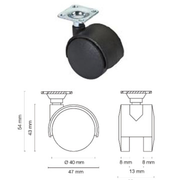 Ruota doppia nylon nera Ø.40/P2